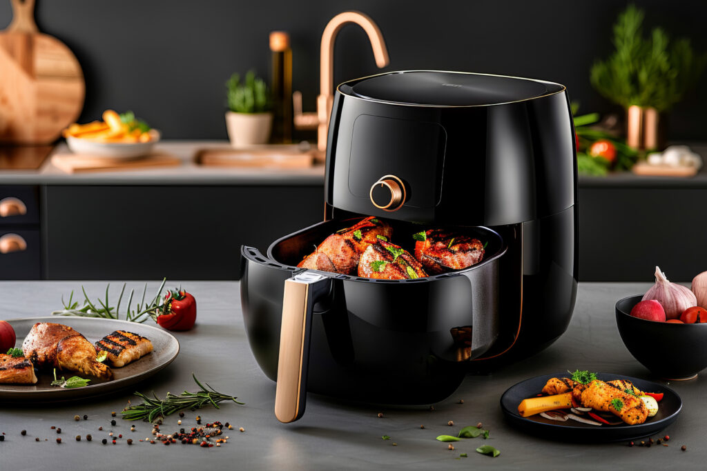 View of modern hot air fryer with cooked food